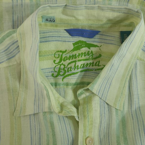 Tommy Bahama Mens XL Linen Shirt L/S Green Yellow Stripe Button Up Beach Wear - Picture 10 of 12